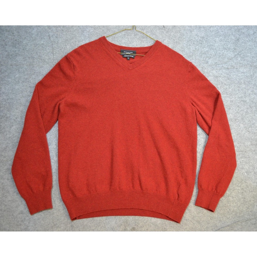 Mantovani Studio Sweater Mens L Red 100% Cashmere V Neck Knit Pullover Italy